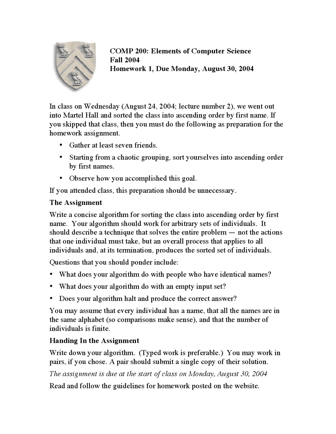 Assignment 1 for Elements of Computer Science | COMP 200 - Docsity