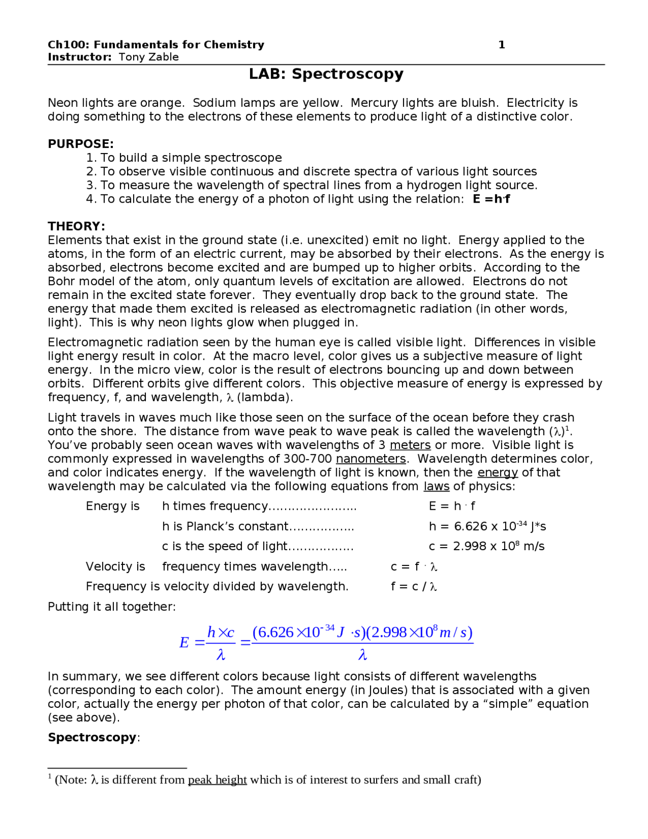 An Introduction to Spectroscopy Experiment CH 100 Docsity