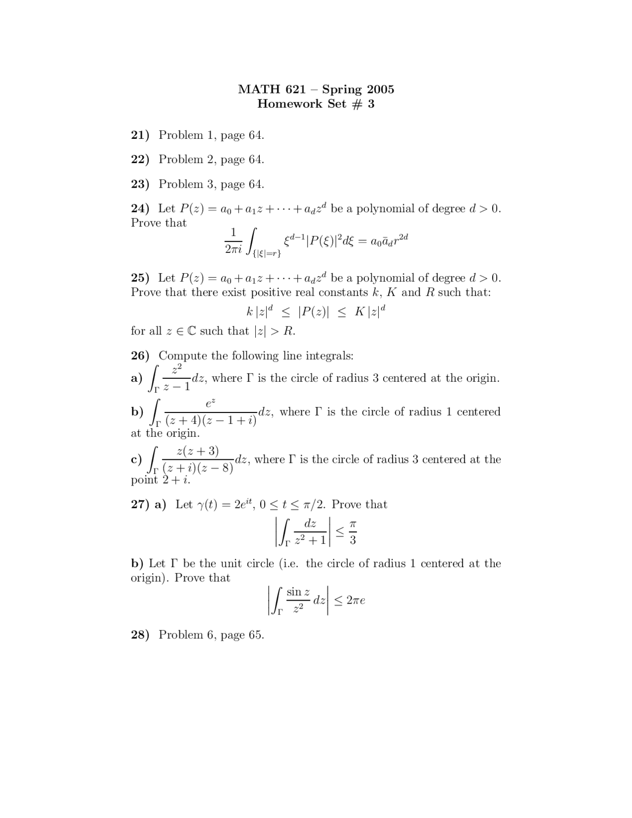 Problems on Complex Analysis - Problem Set 3 | MATH 621 - Docsity