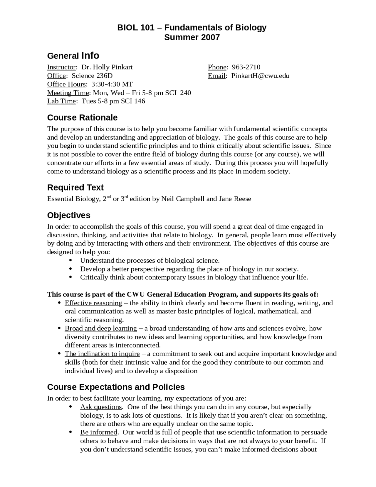 Lab for Fundamental of Biology - Summer 2007 | BIOL 101 - Docsity