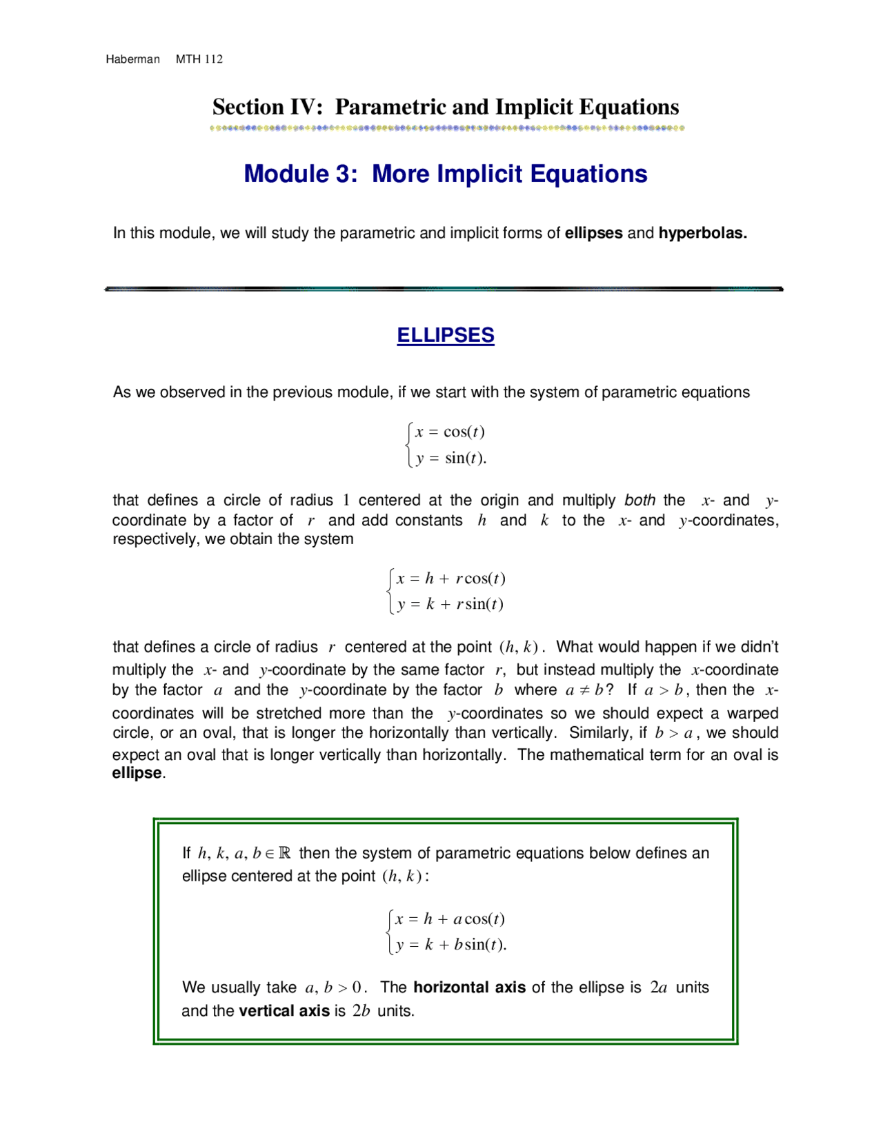 Notes on Parametric and Implicit Equations | MTH 112 - Docsity