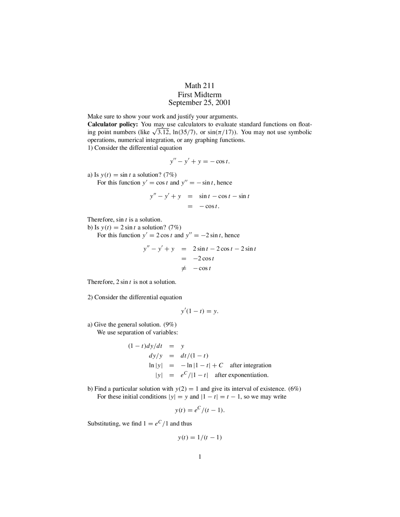 Midterm Exam for Ordinary Differential Equation and Linear Algebra ...