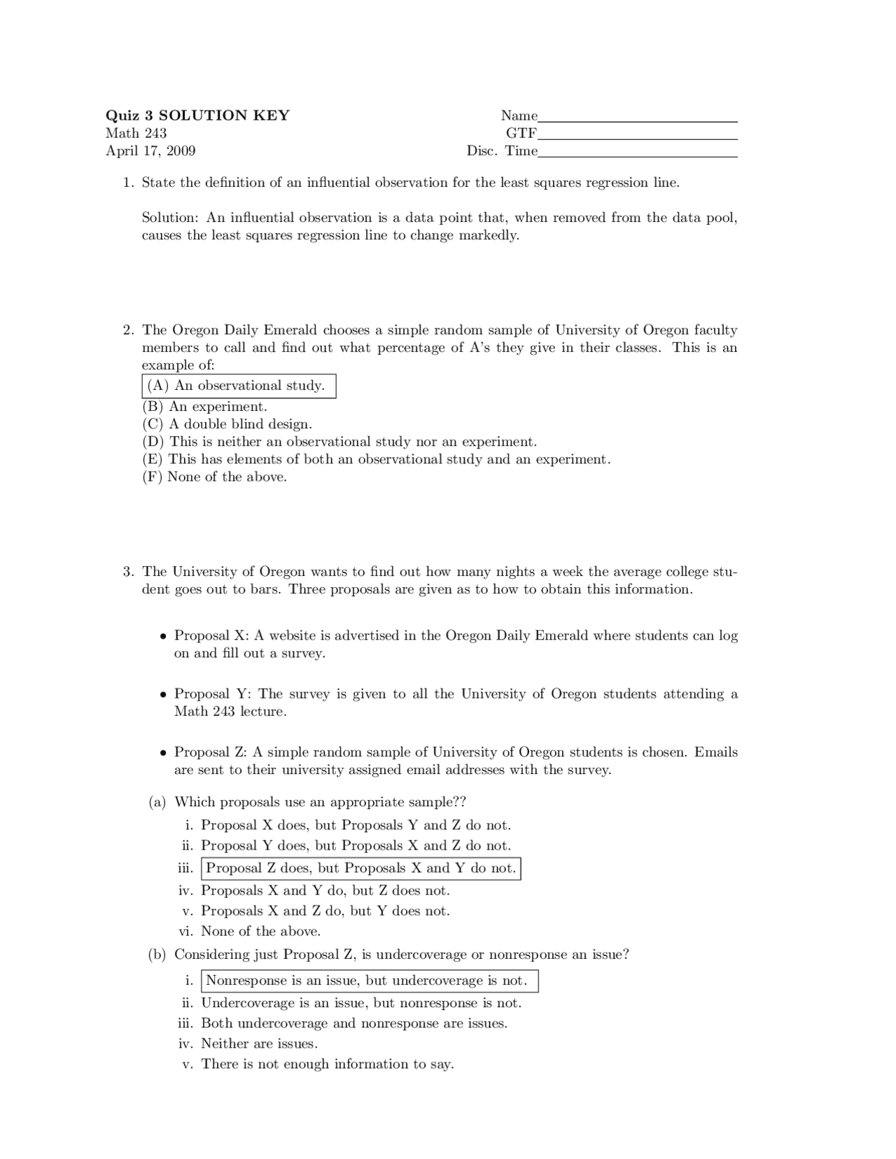 Methods of Probability and Statistics - Quiz 3 with Solution Key | MATH ...