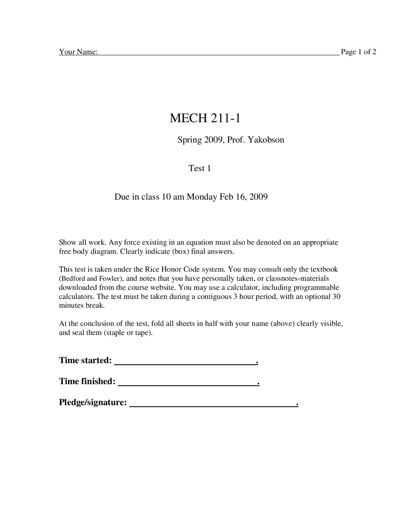 6 Problems on the Mechanics - Examination 1 | MECH 211 - Docsity
