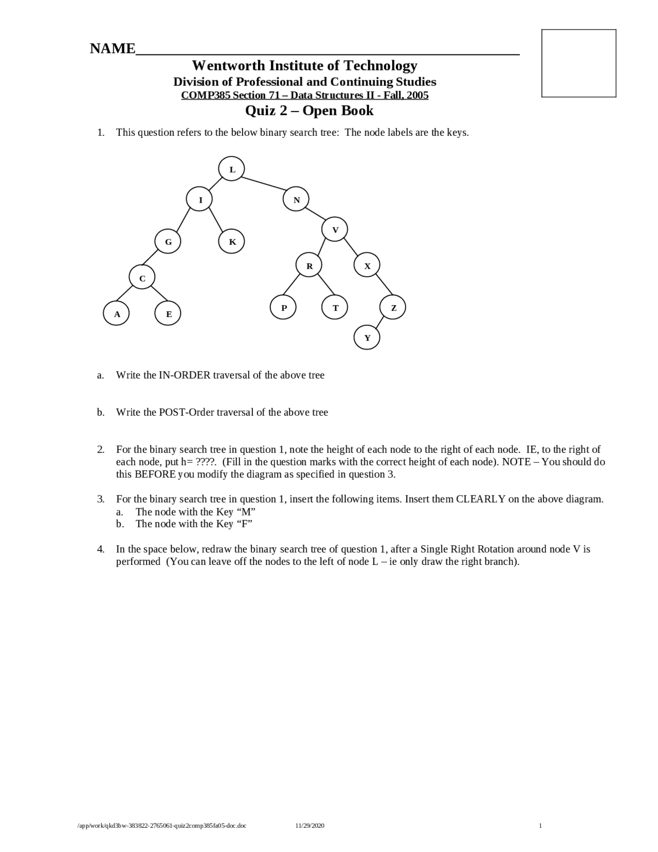 10 Questions on Data Structures II - Quiz 2 | COMP 385 - Docsity