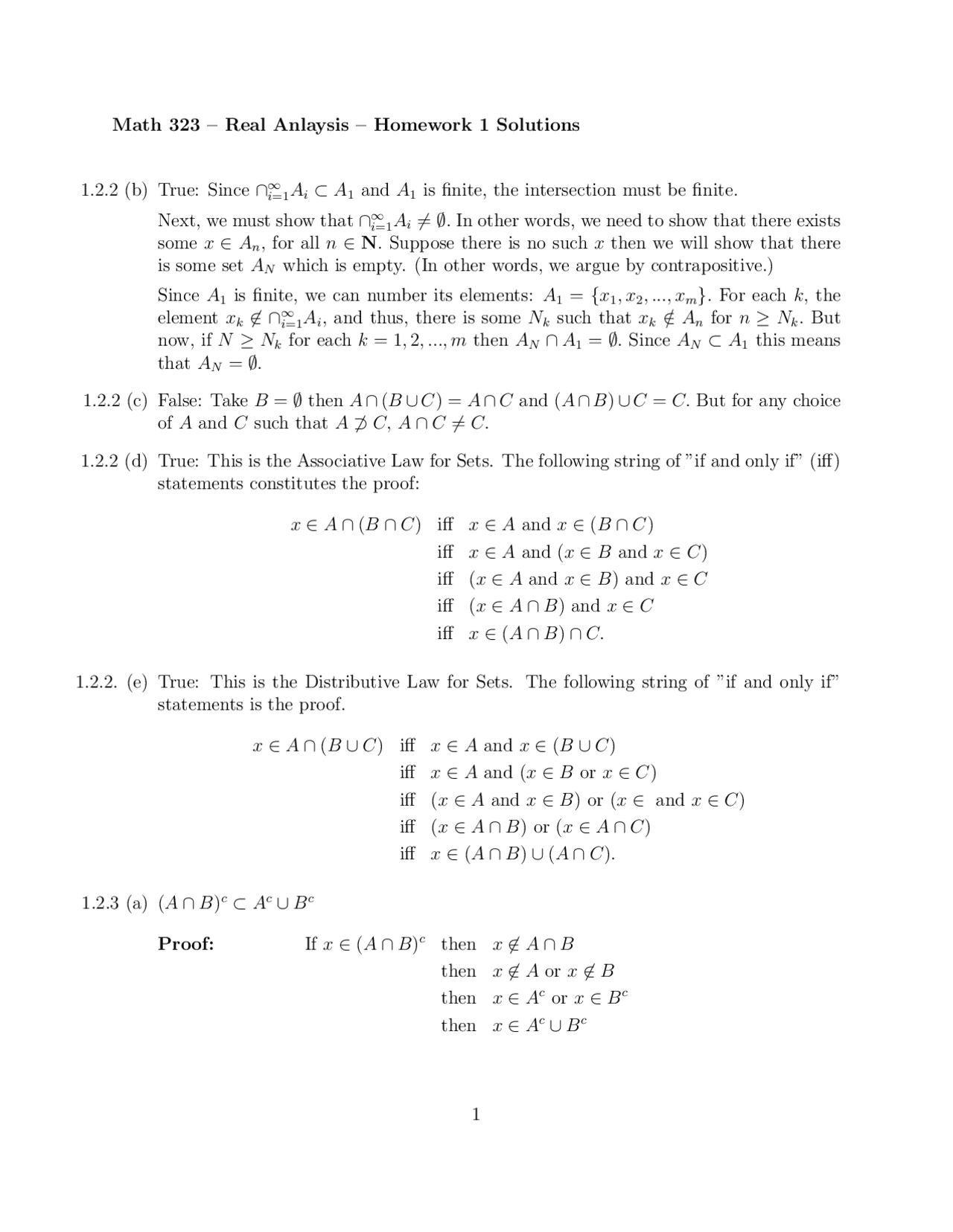 Solved Problems on Real Analysis - Homework 1 | MATH 323 - Docsity