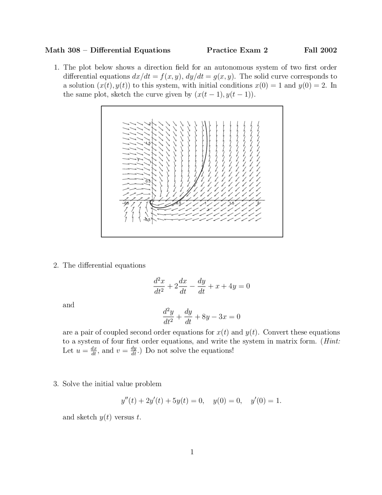10 Questions Final Exam - Differential Equations | MATH 308 - Docsity
