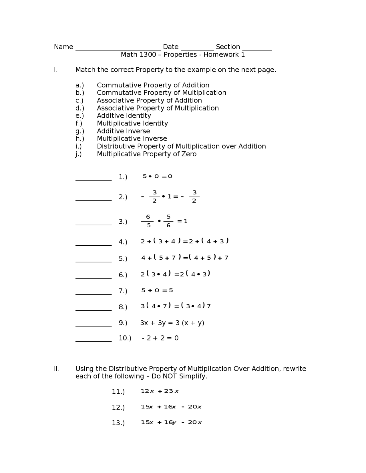 Problems on Distributive Properties of Multiplications - Assignment 1 ...