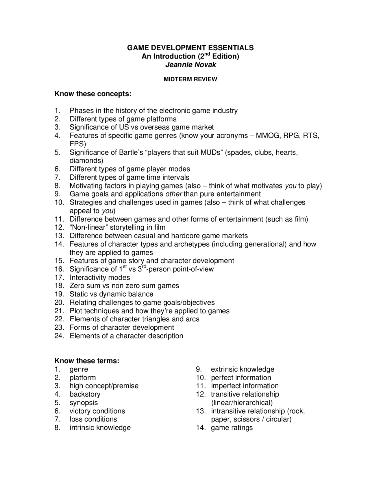 Review Sheet for Midterm - Game Development Essentials | CS 133G - Docsity