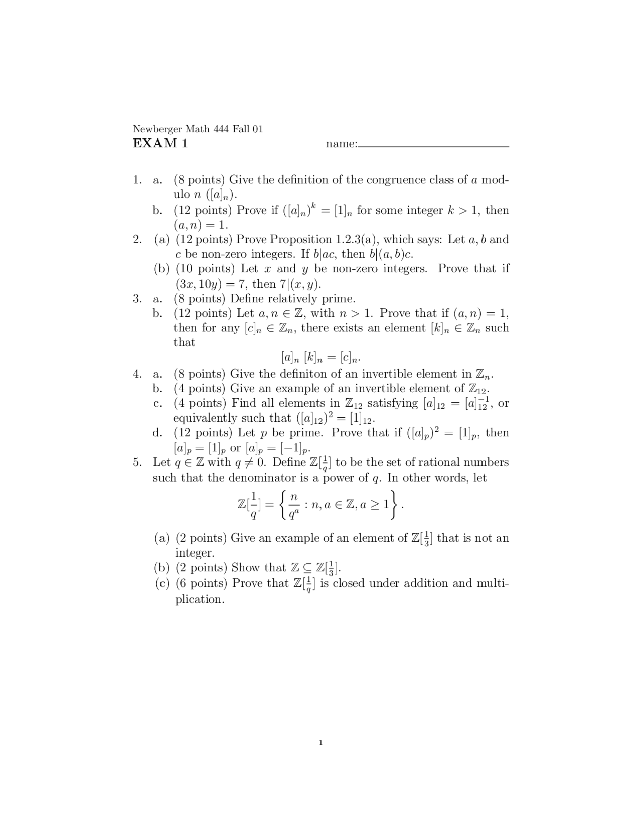 5 Questions Exam 1 - Introduction to Abstract Algebra | MATH 444 - Docsity