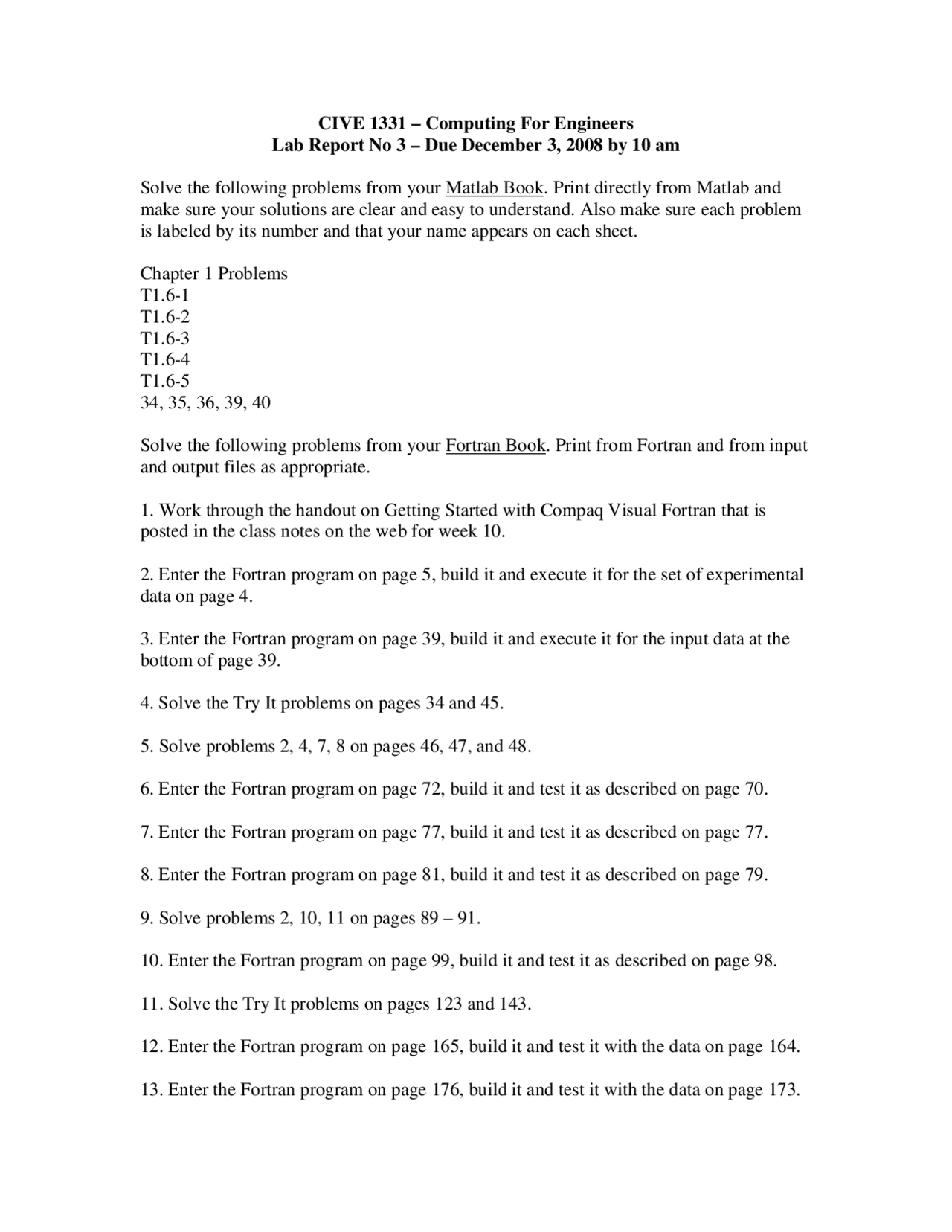Laboratory Report No 3: Matlab Book | CIVE 1331 - Docsity