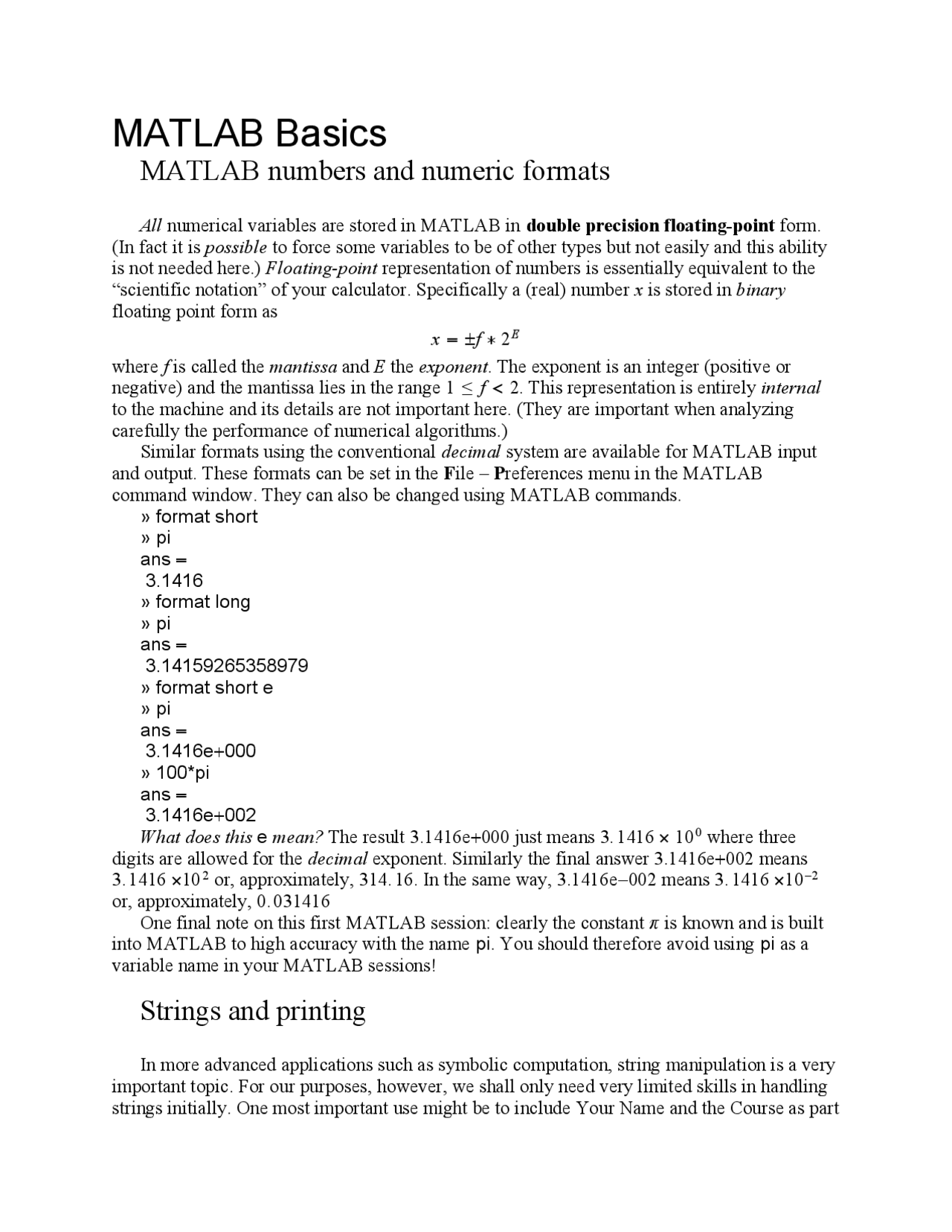 MATLAB Basics: numbers and numeric formats | MATH 697 - Docsity