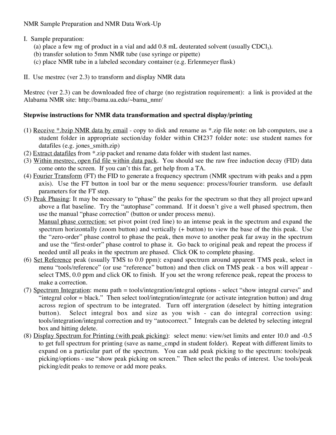 NMR Sample Preparation and NMR Data Work Up Laboratory CH 338 Docsity