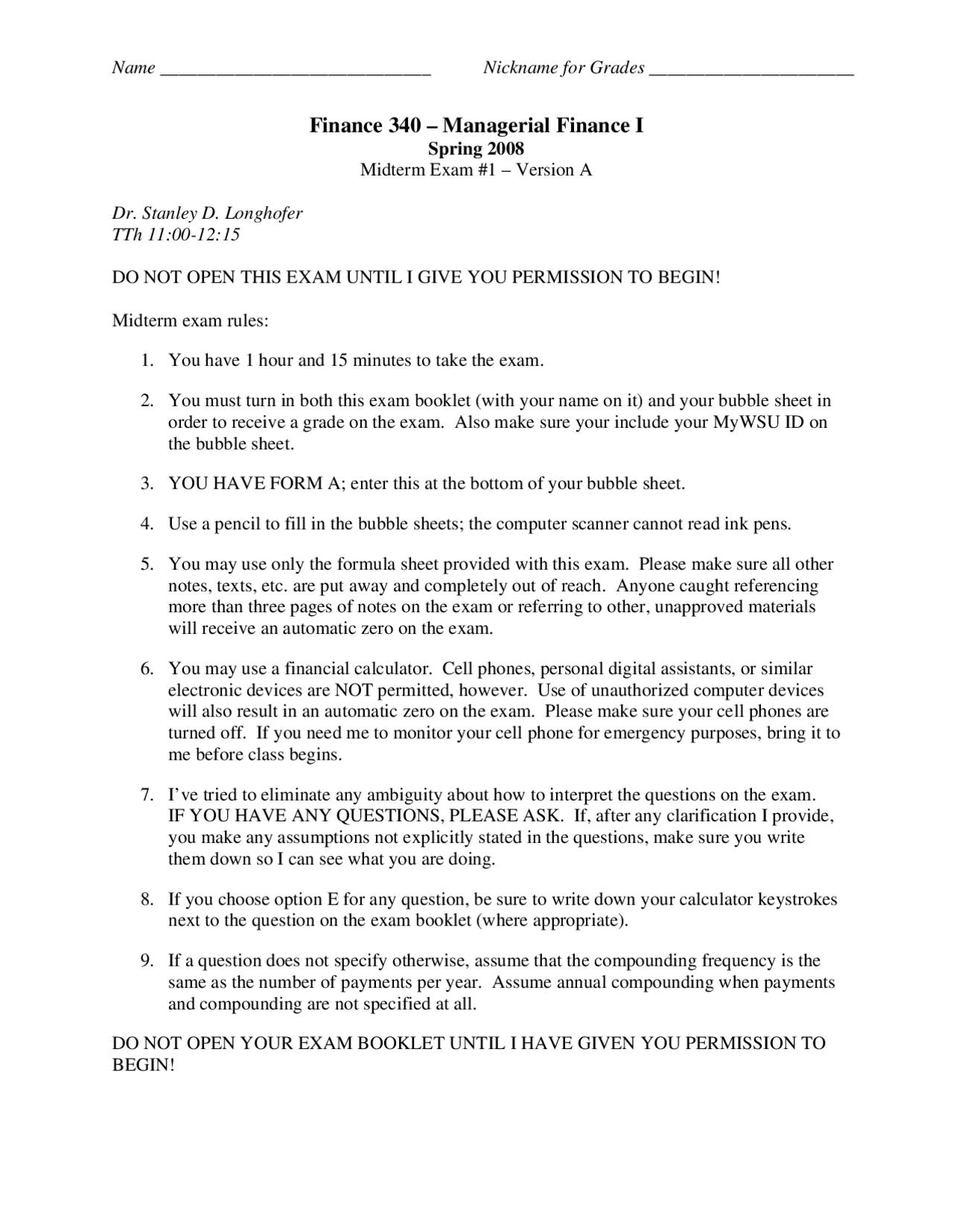 Midterm Exam 1A - Financial Management I | FIN 340 | Exams Financial ...