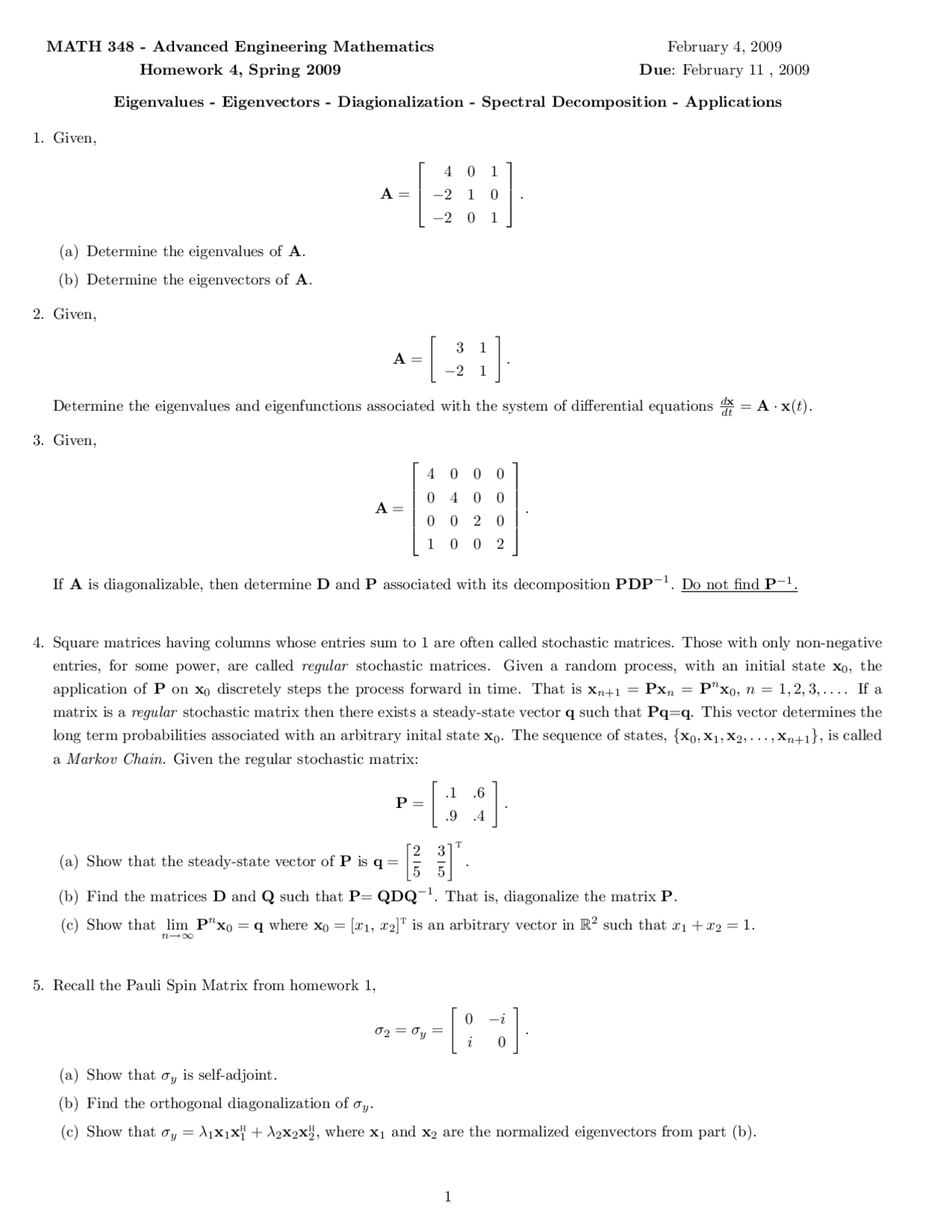 Advanced Engineering Mathematics Questions Homework 4 Questions - Advanced Engineering Mathematics | MATH 348 ...