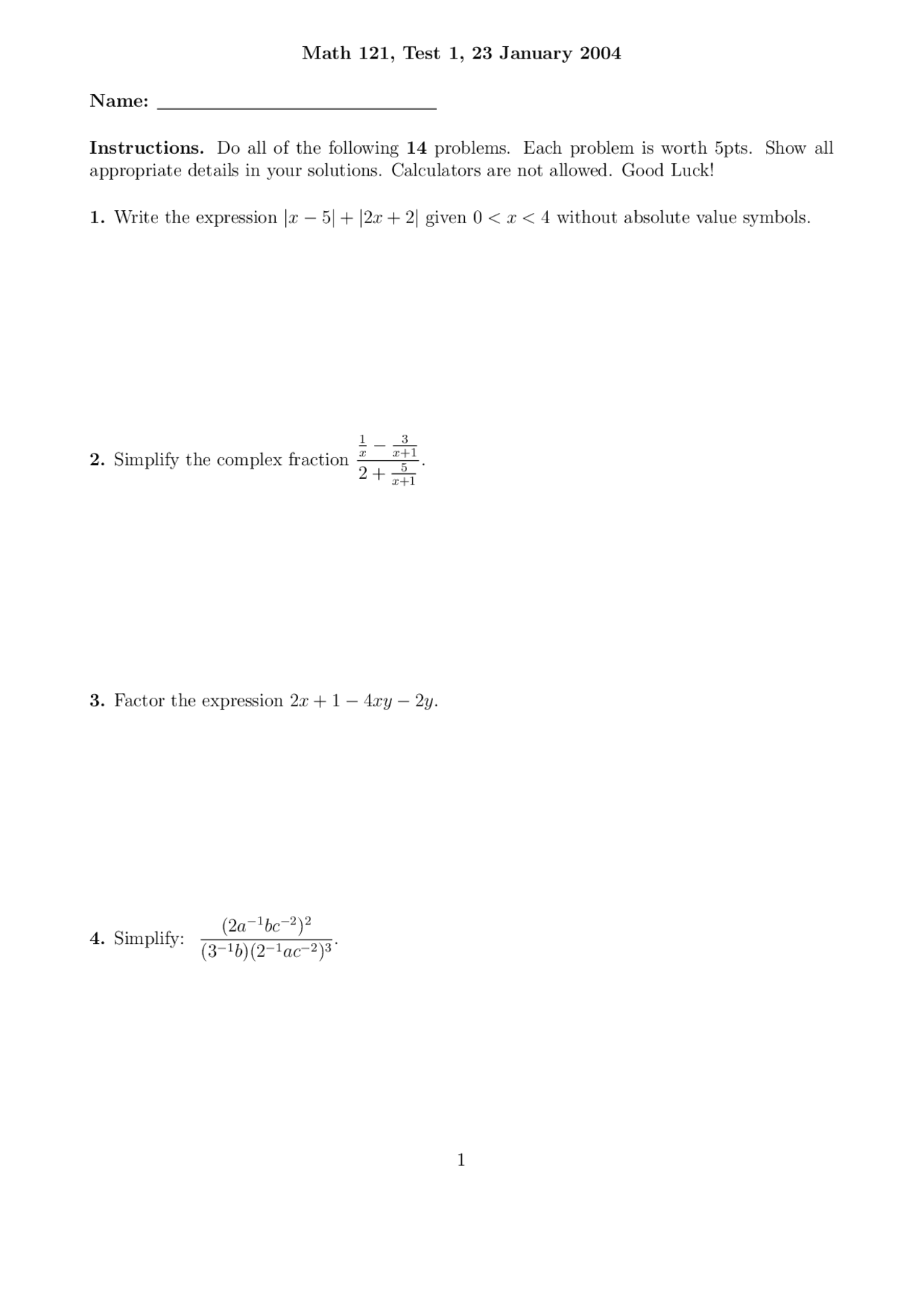 Math 121 Test 1, January 2004: Solutions and Additional Questions ...