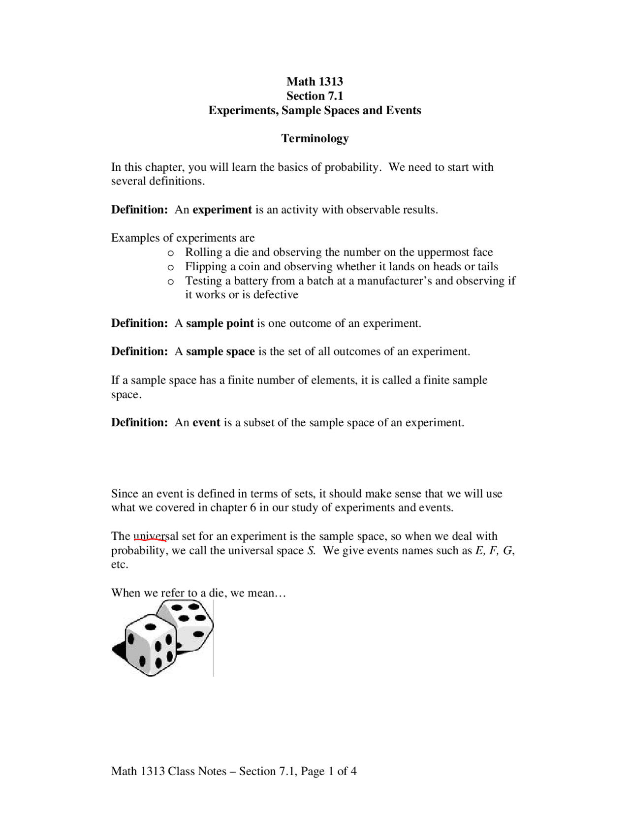 Notes on Experiments, Sample Spaces and Events - Finite Mathematics ...