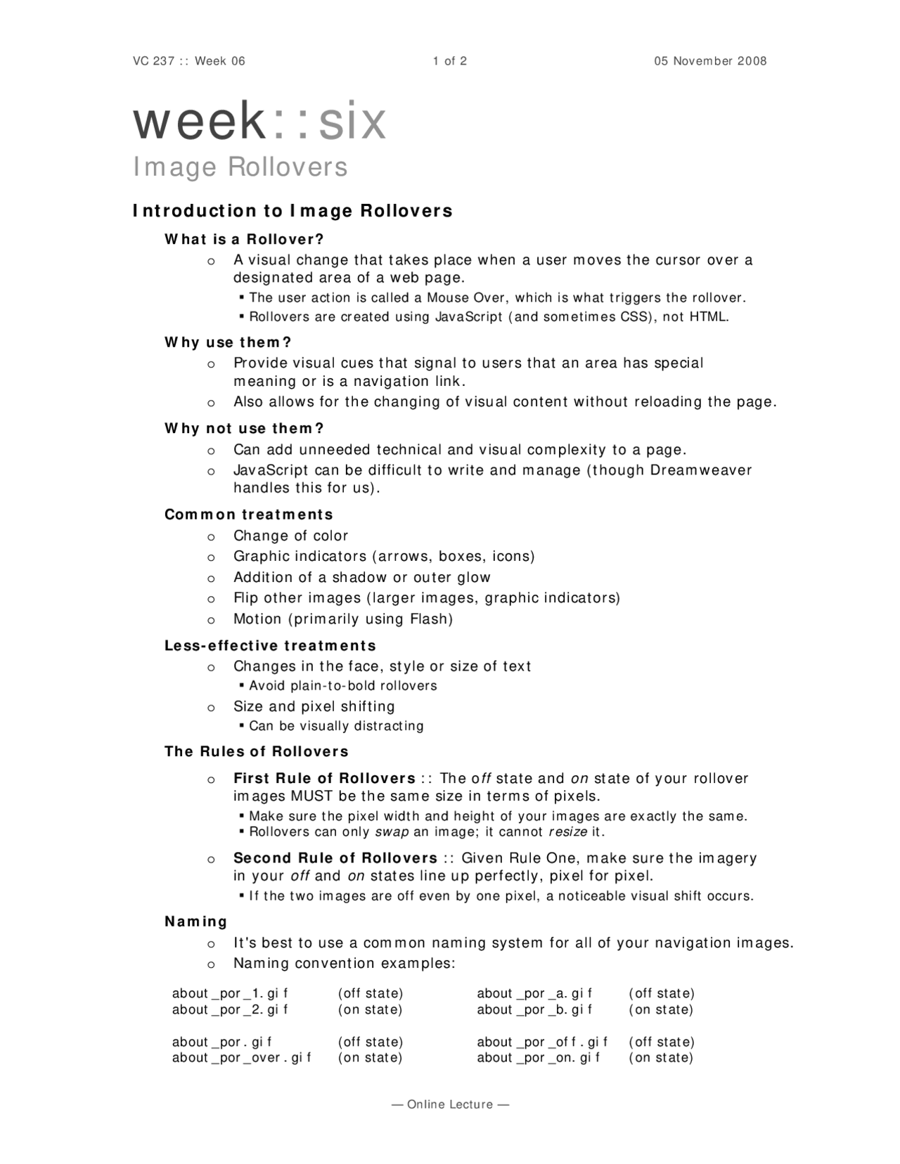 Introduction to Image Rollovers - Web Design 1 | VC 237 - Docsity