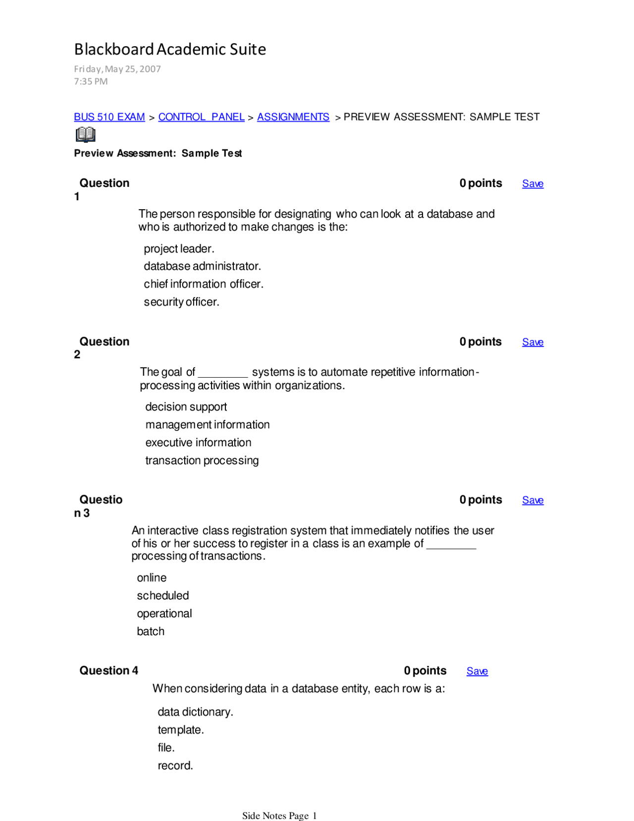 Preview Assessment: Sample Test - Principles of Management Information ...
