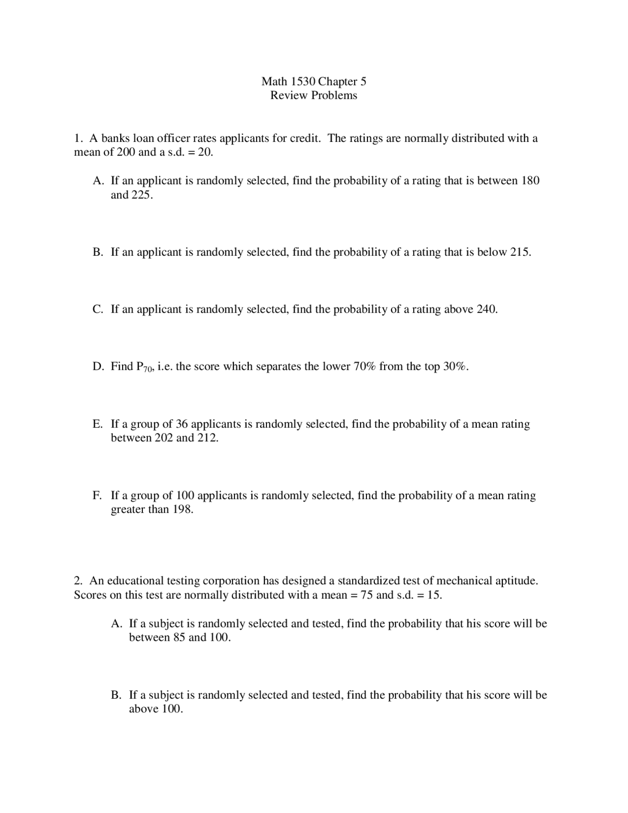 Review Problems - Probability and Statistics | MATH 1530 | Exams ...