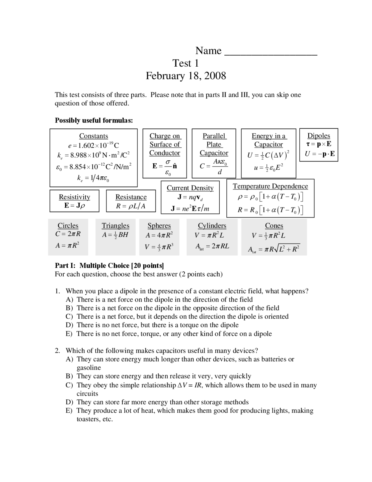 17 Multiple Choice Questions Test 1 - General Physics II | PHY 114 ...