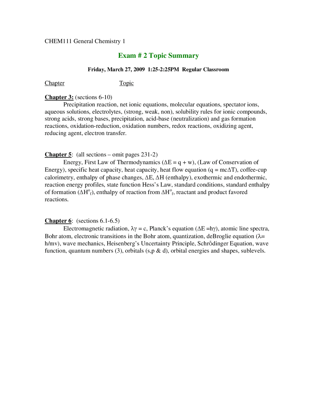 Exam 2 on Topic Summary of General Chemistry | CHEM 111 - Docsity