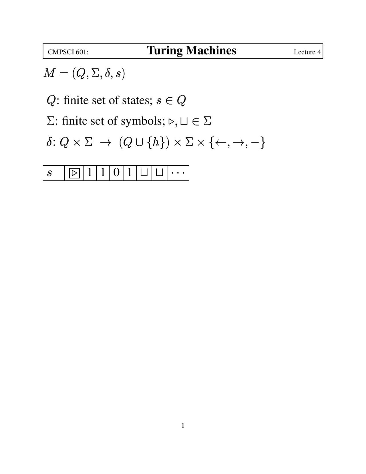 Turing Machines, Example TM - Lecture Notes | CMPSCI 601 - Docsity