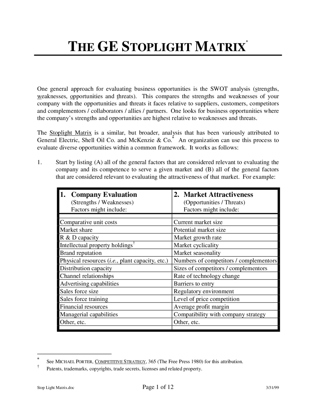 The GE Stoplight Matrix - Chemical Process Economics II | CHEE 6369 ...