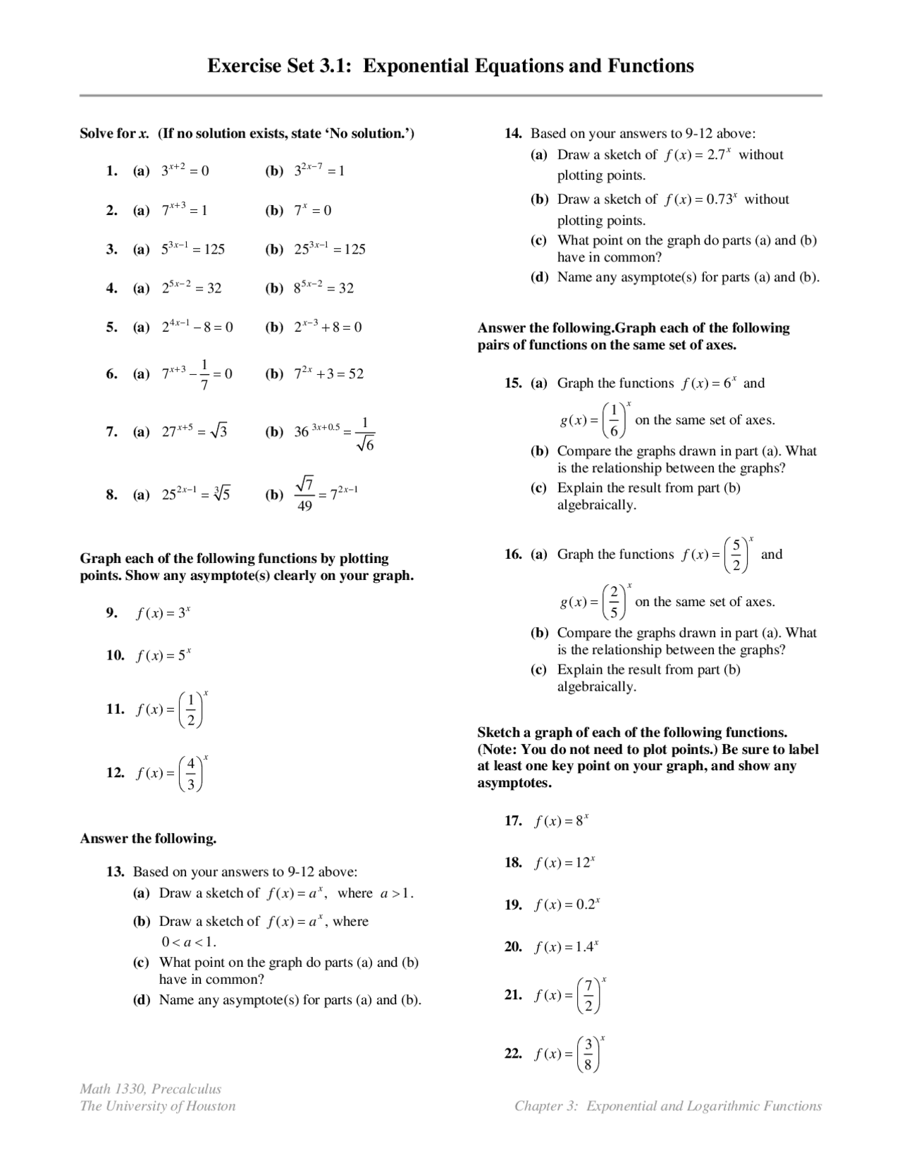 Problem Set 3 for Exponential Equations and Functions | MATH 1330 - Docsity