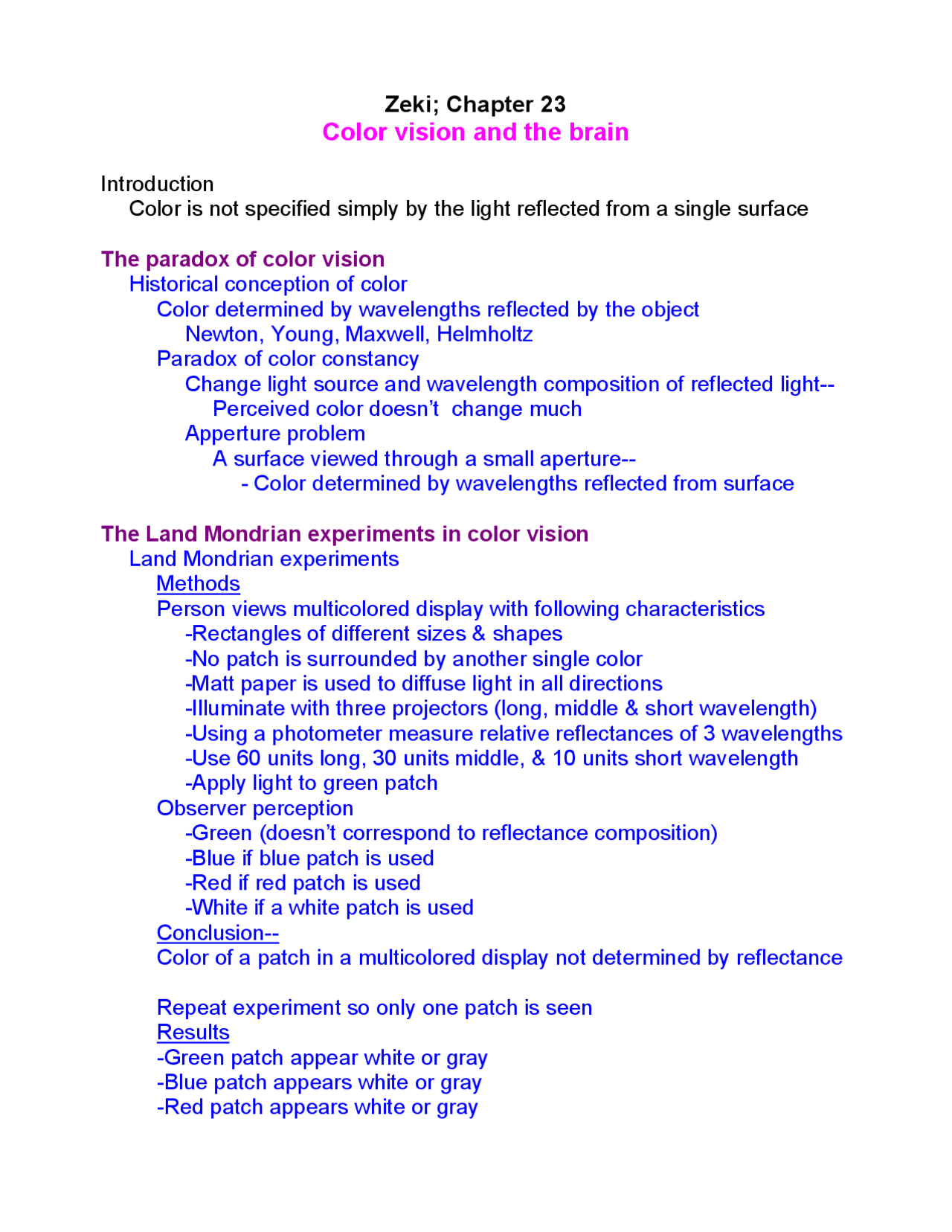Color Vision and the Brain - Handout Notes | BIOS 481 - Docsity