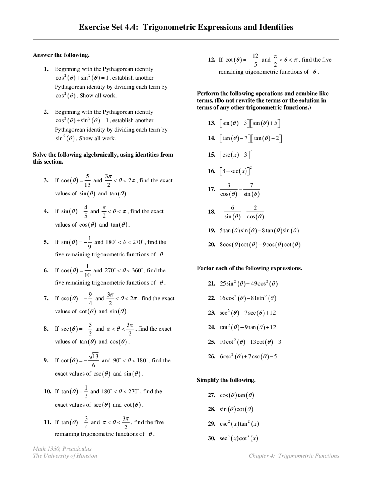 Exercise Set 4 4 Trigonometric Expressions And Identities Math 1330 Assignments Pre Calculus Docsity