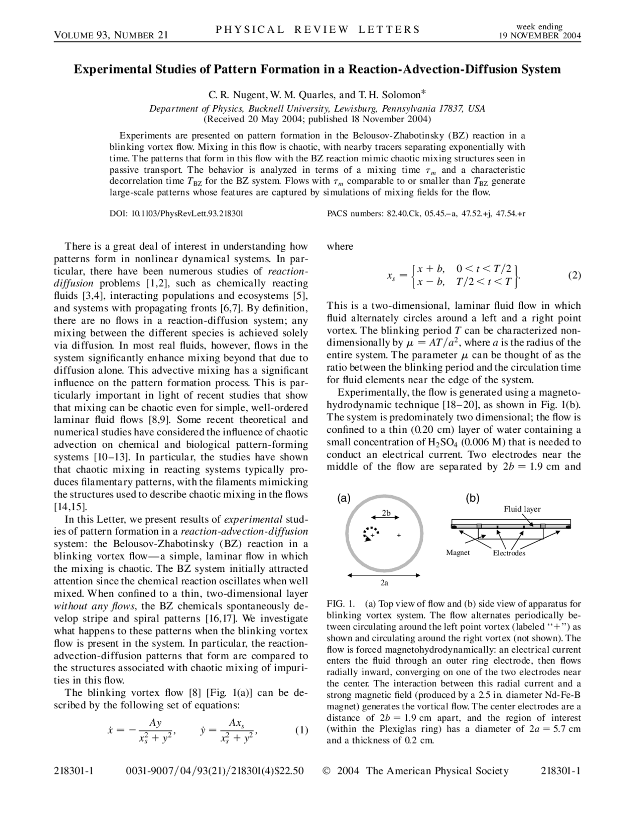 Pattern Formation in a Reaction-Advection-Diffusion System - Experiment ...