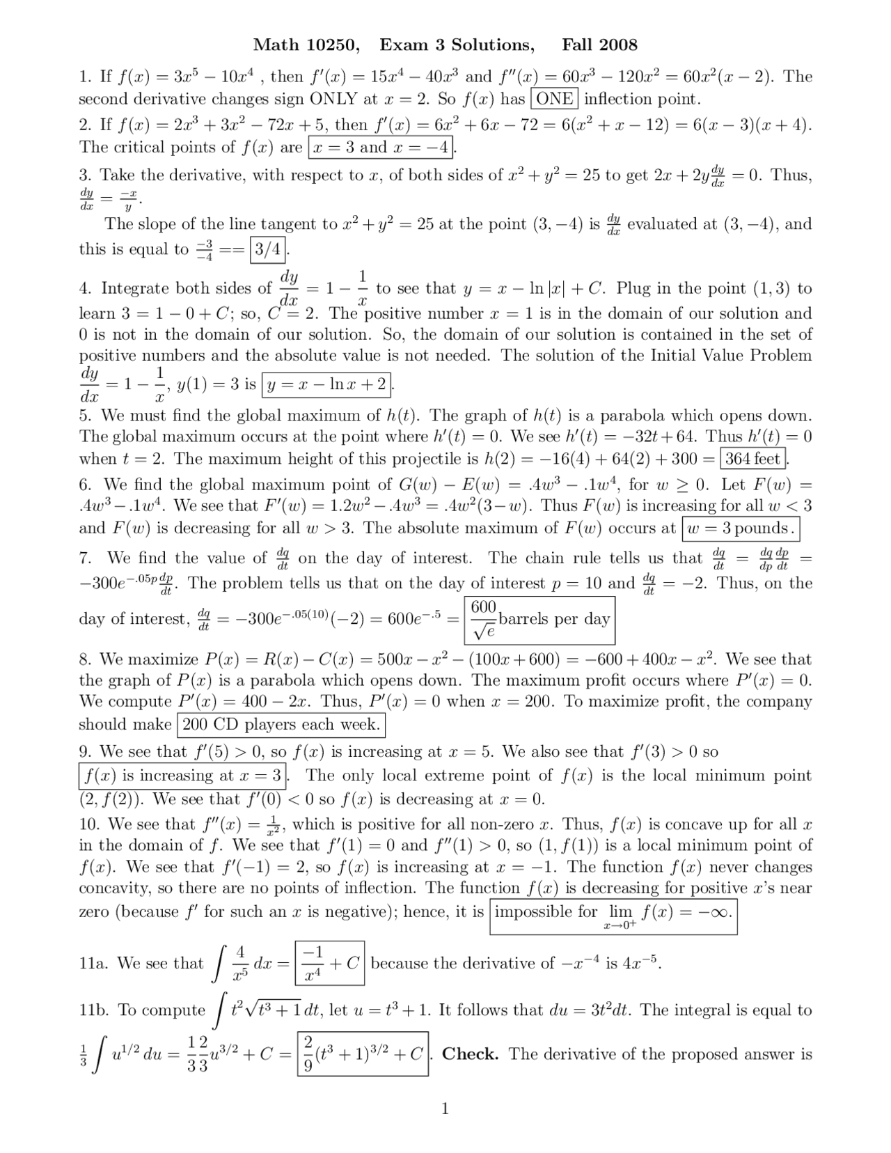Exam 3 with Solution - Elements of Calculus I | MATH 10250 - Docsity