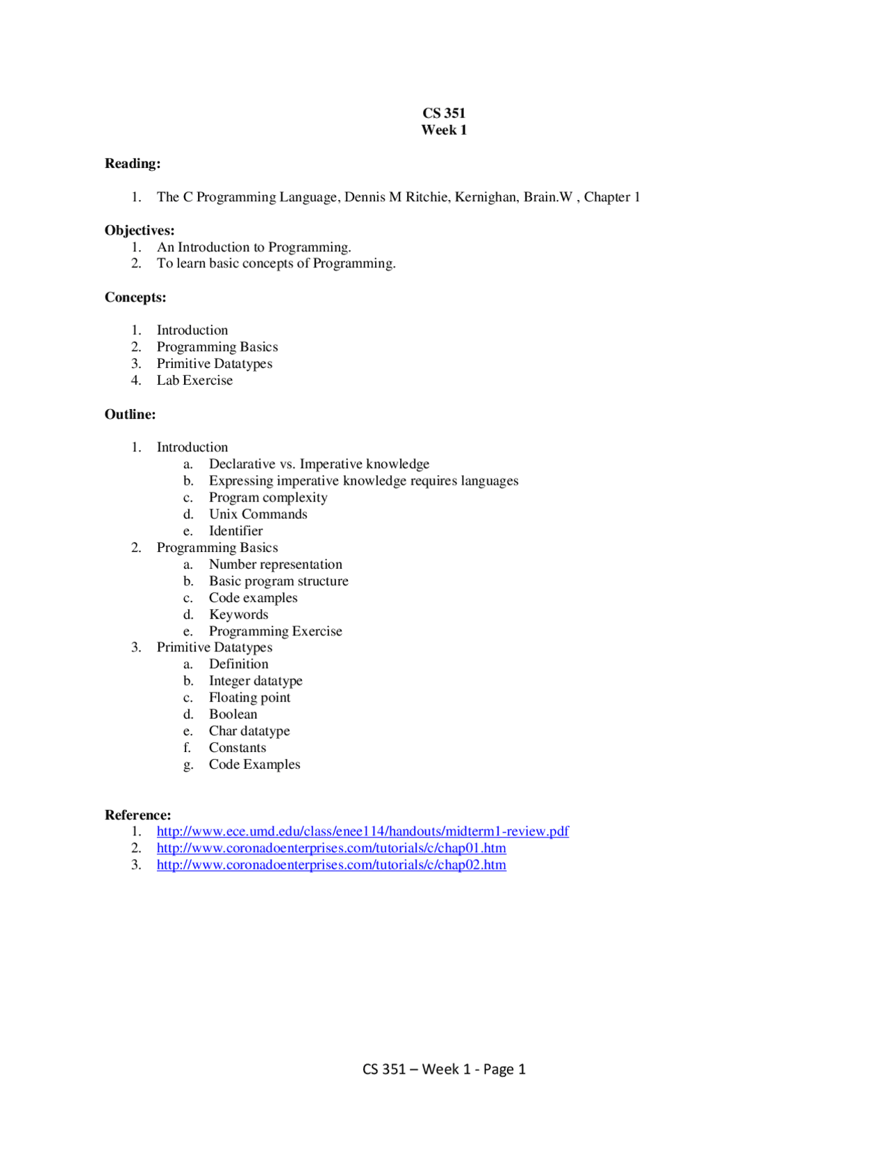 Introduction to Programming - Systems Programming - Outline | CS 351 ...