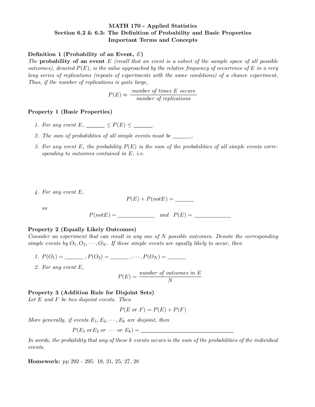 The Definition of Probability and Basic Properties Important Terms and ...