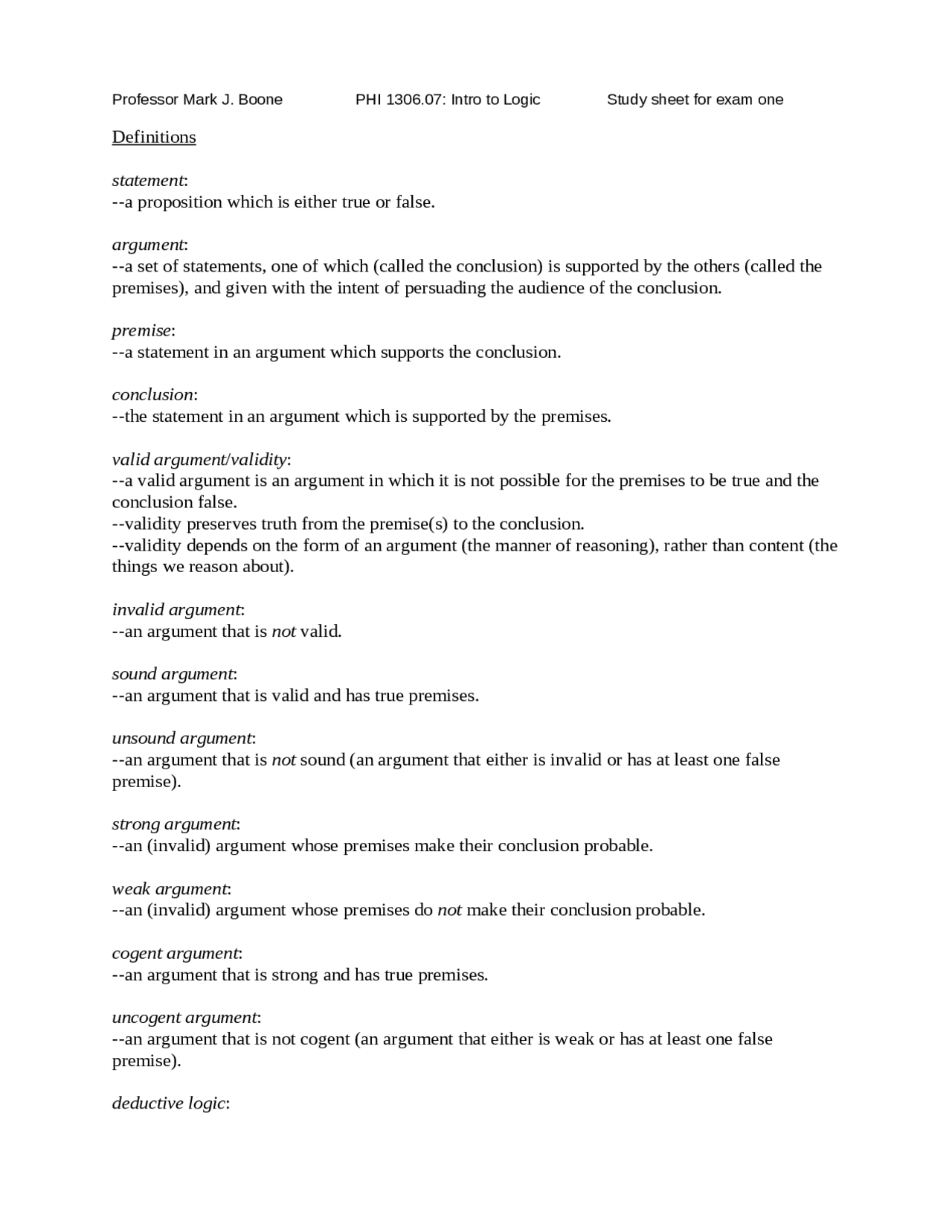 Introduction to Logic - Study Guide for Exam 1 | PHI 1306 - Docsity