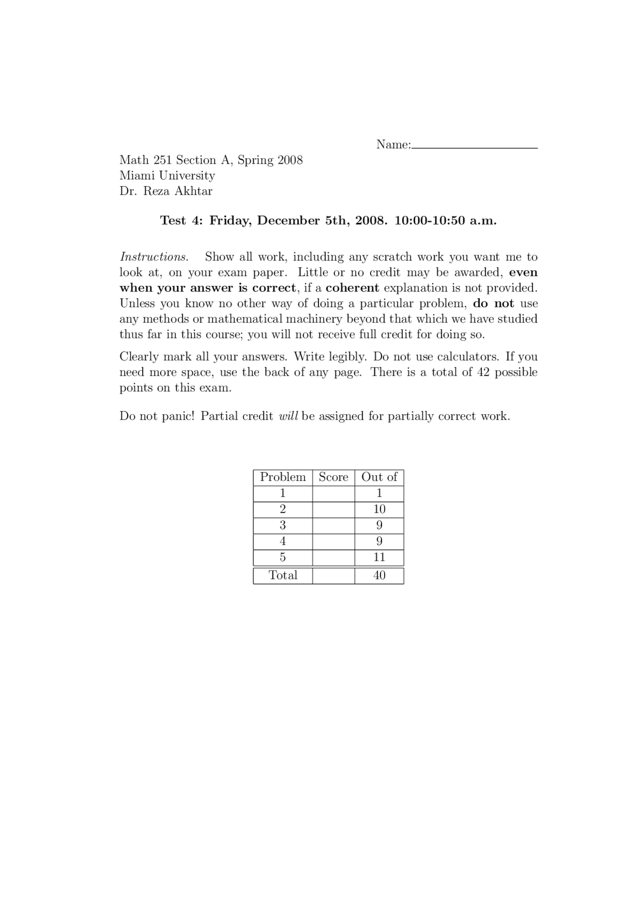 Test 1 with Solutions | Calculus II | MTH 251 | Exams Calculus | Docsity