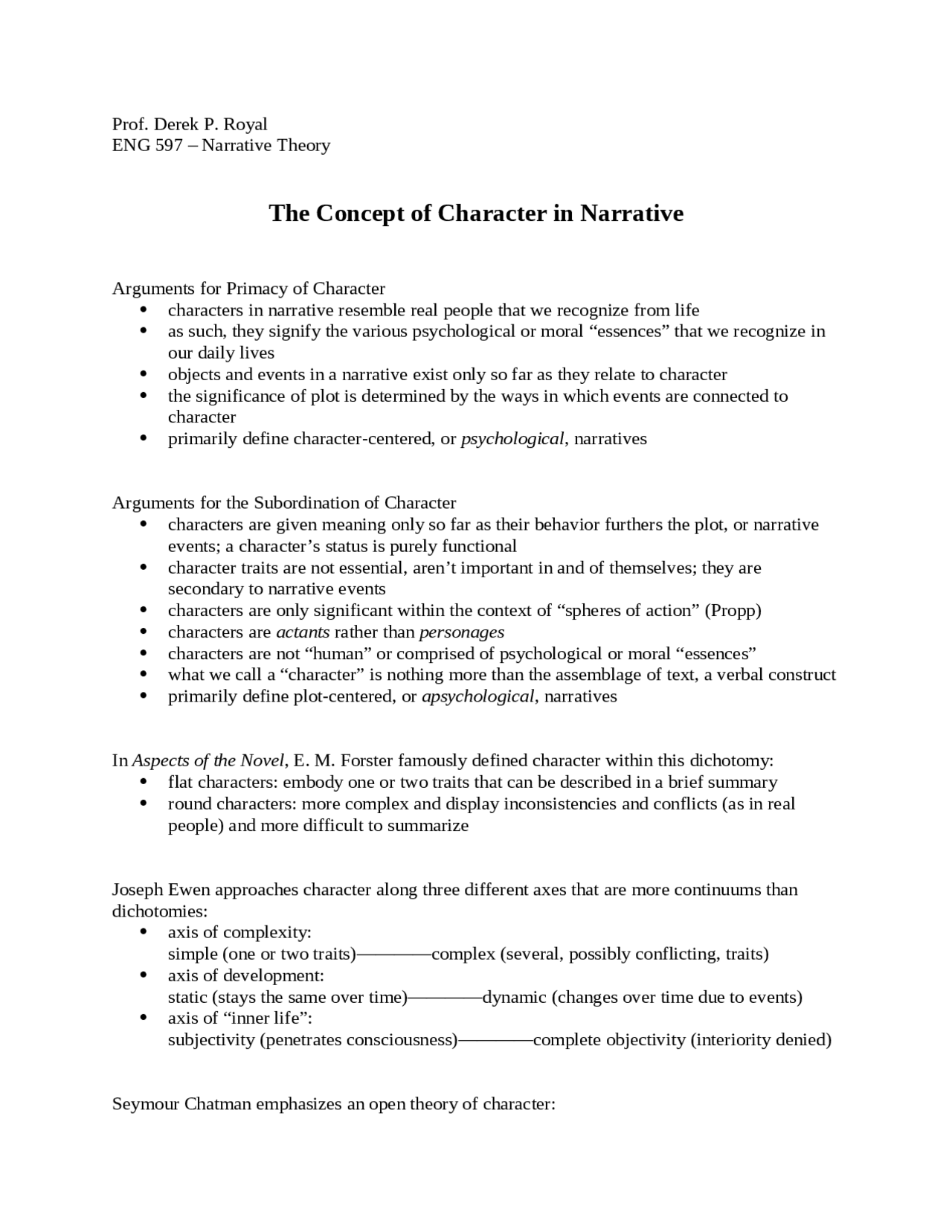 The Concept of Character in Narrative - Handout | ENG 597 - Docsity