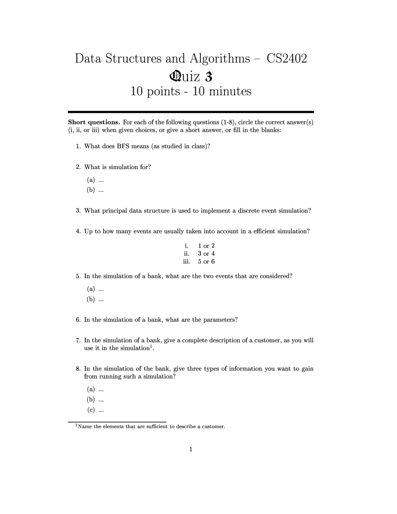 Questions for Data Structures - Quiz III | CS 2402 - Docsity