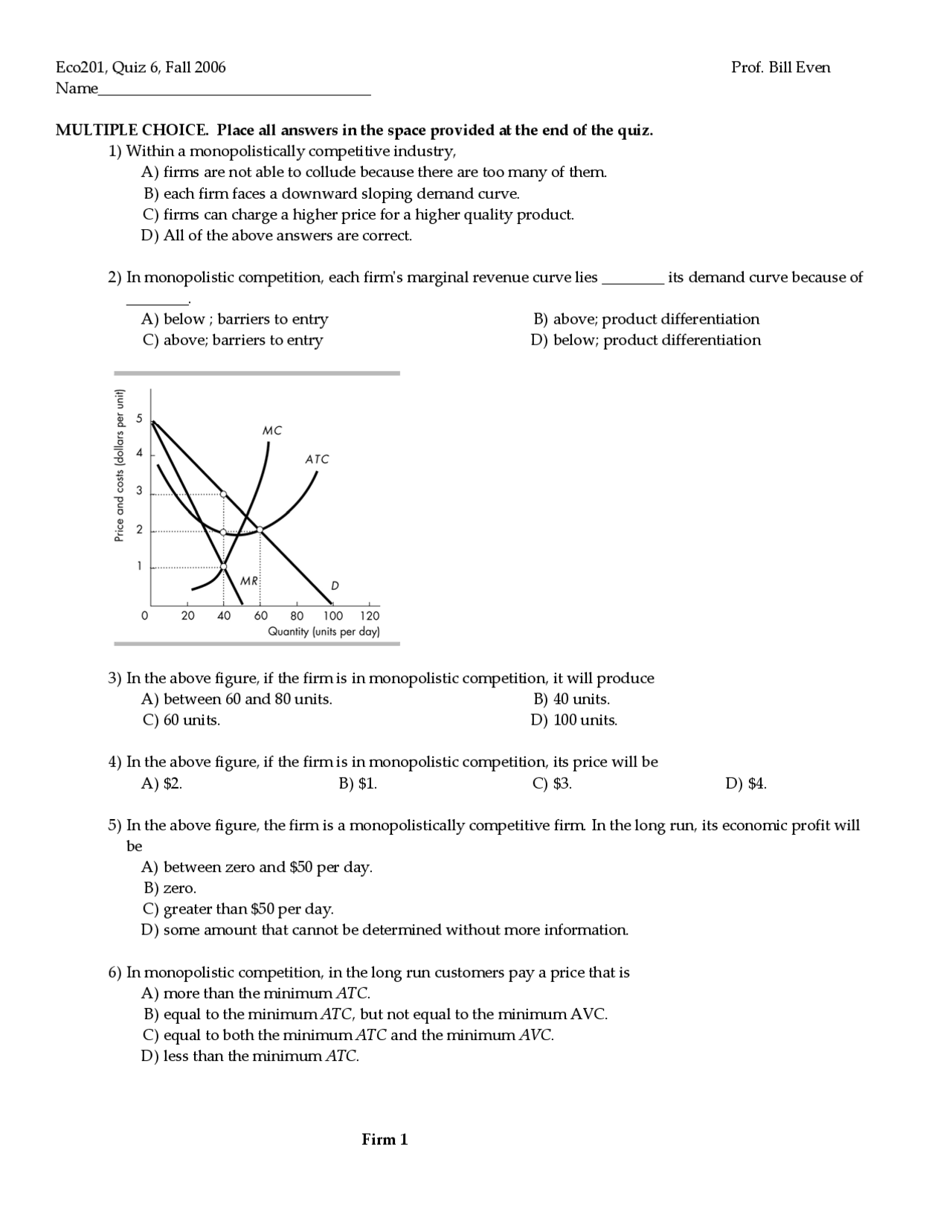 Sample Quiz 6 with Answers - Principles of Microeconomics | ECO 201 ...
