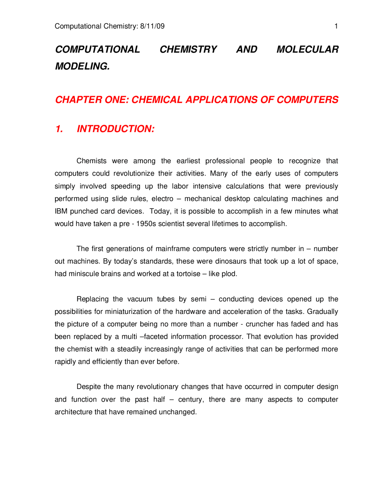 Chemical Applications of Computer - Lecture Notes | CHEM 2101 - Docsity