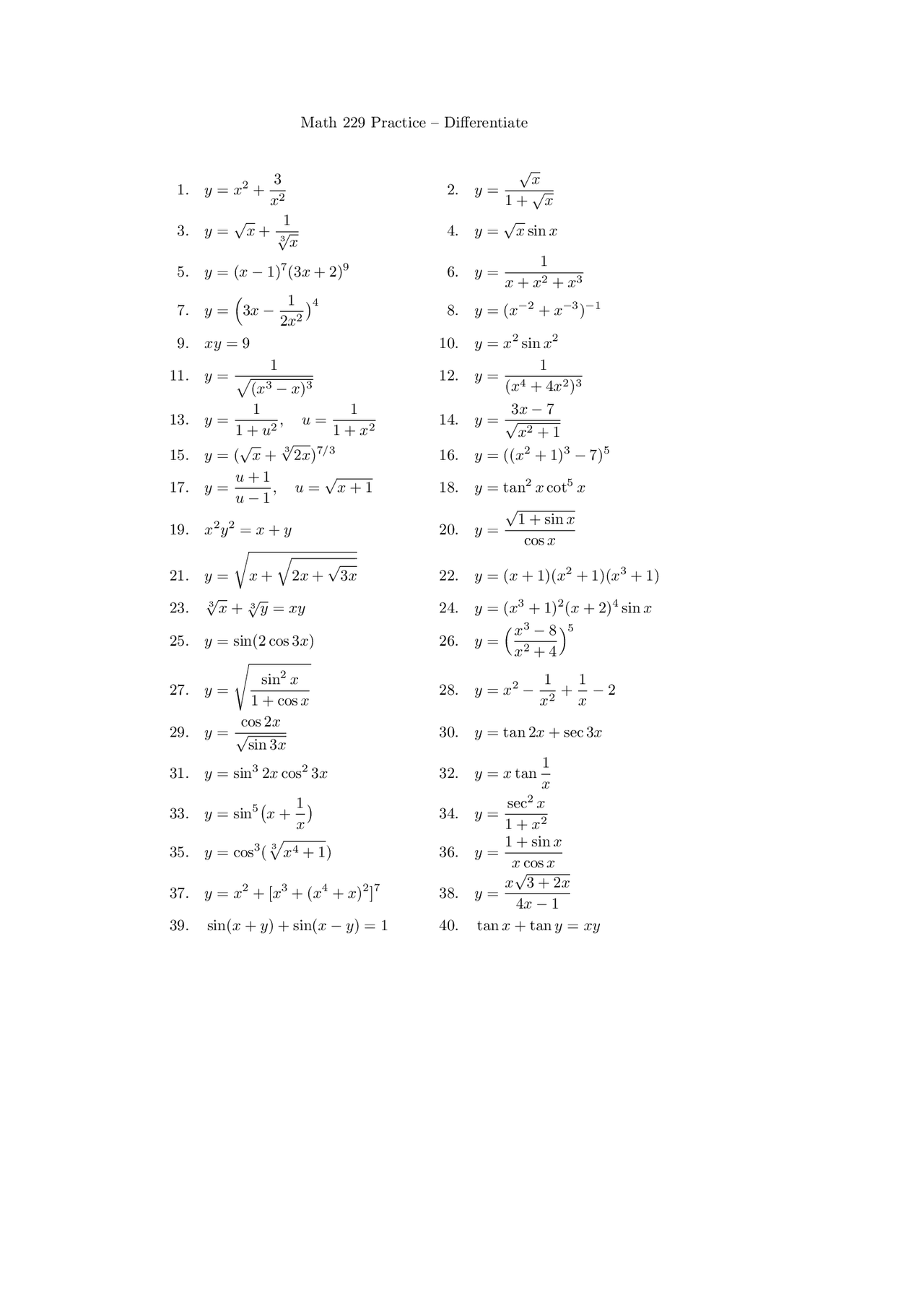 Differentiation Basic Questions Practice Differentiate Questions - Calculus I | MATH 229 - Docsity