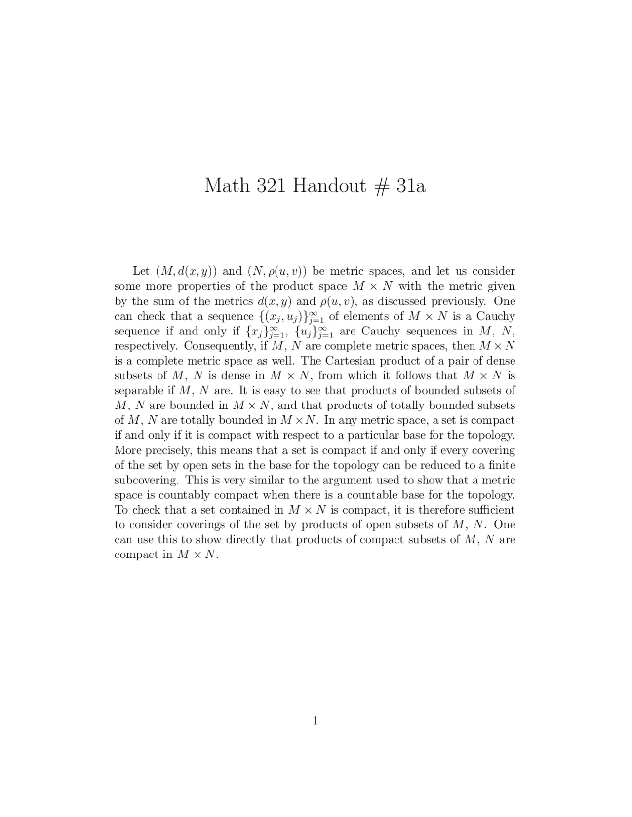 Introduction to Analysis I - Handout 31A | MATH 321 - Docsity