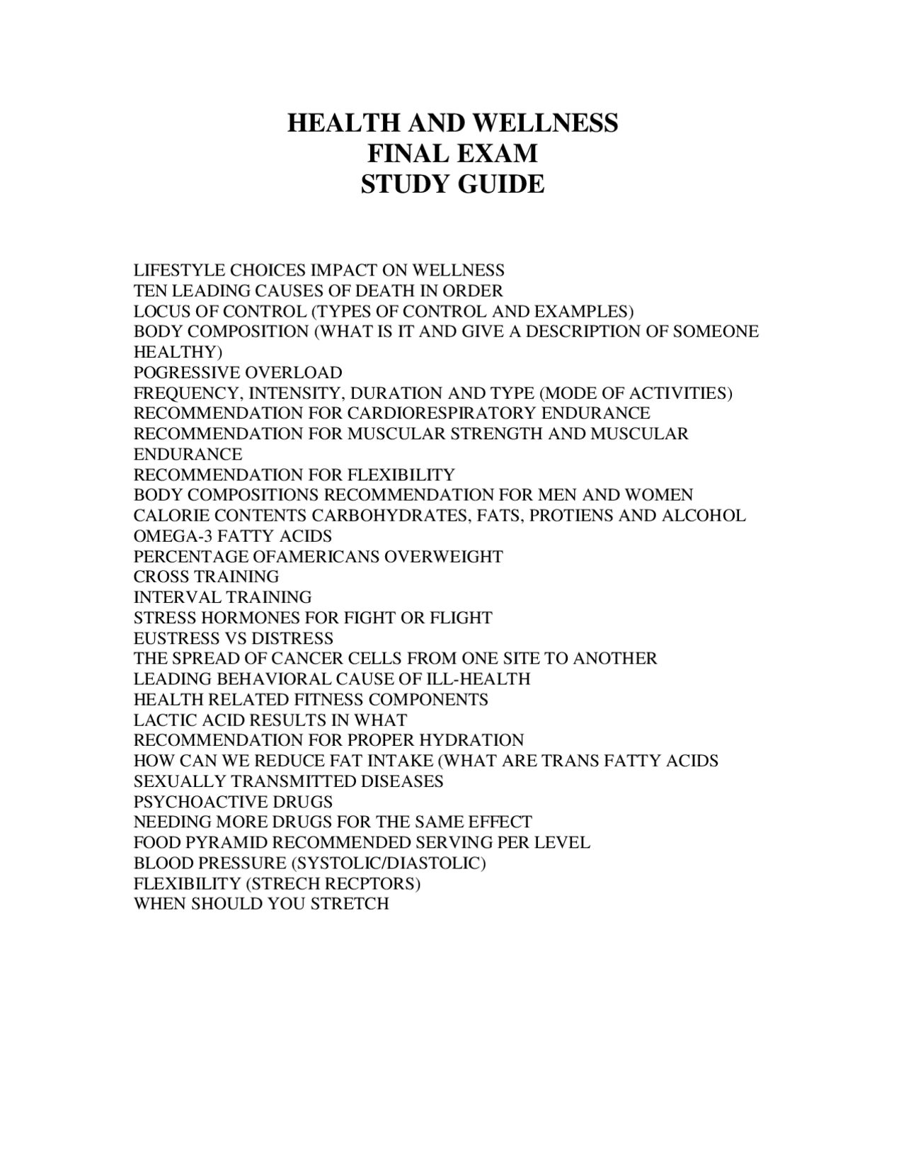 Health and Wellness Final Exam Study Guide | PHED 1100 - Docsity