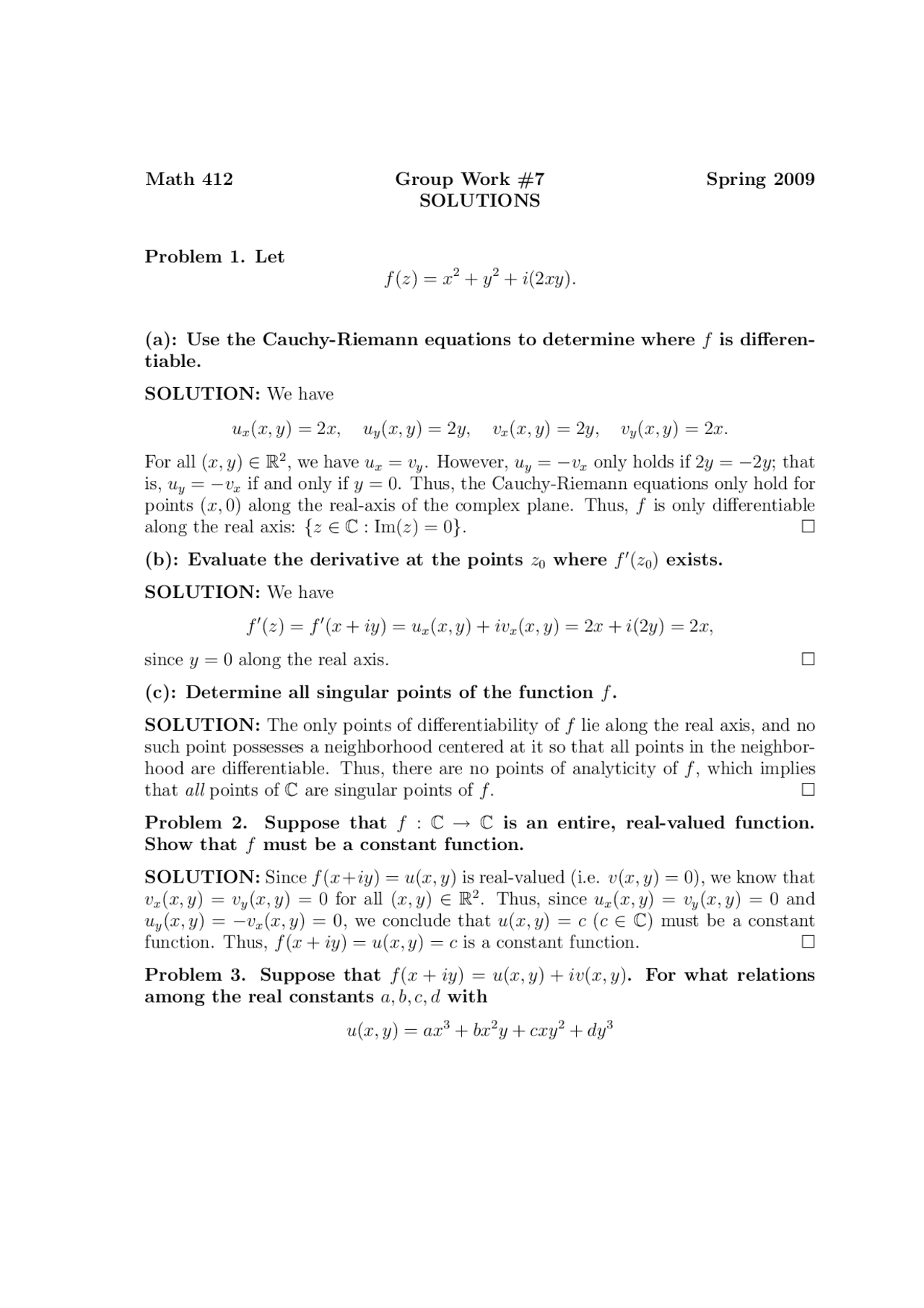 3 Problems with Solutions on Complex Analysis - Assignment 7 | MATH 412 ...