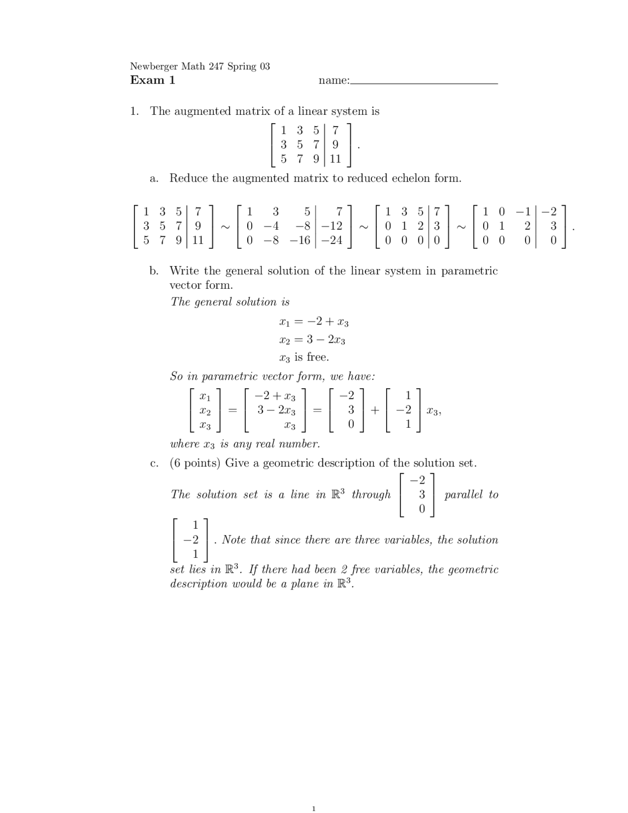 Examination 1 | Introduction Linear Algebra | MATH 247 - Docsity