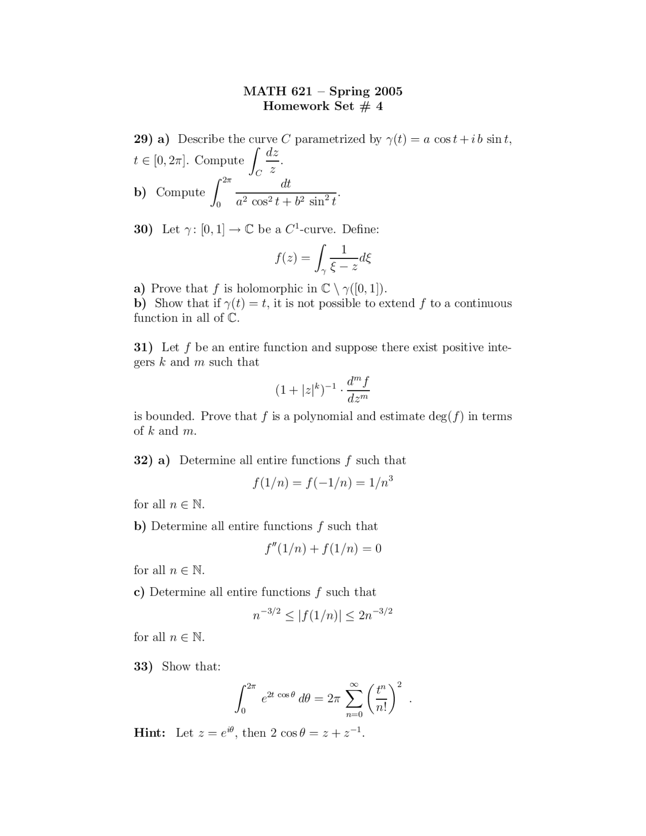 Problems on Complex Analysis - Problem Set 4 | MATH 621 - Docsity