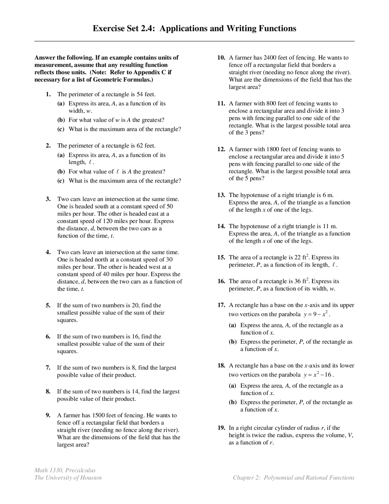 Writing Functions Practice Problems Exercise Set 2.4: Applications and Writing Functions | MATH 1330 - Docsity