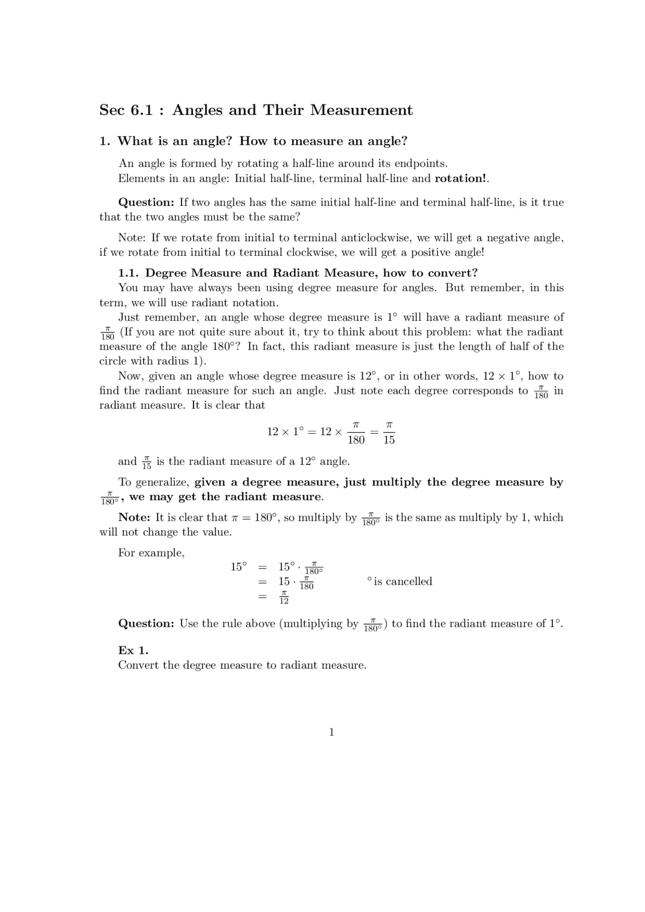 Notes for Angles and Their Measurement | MATH 112 - Docsity