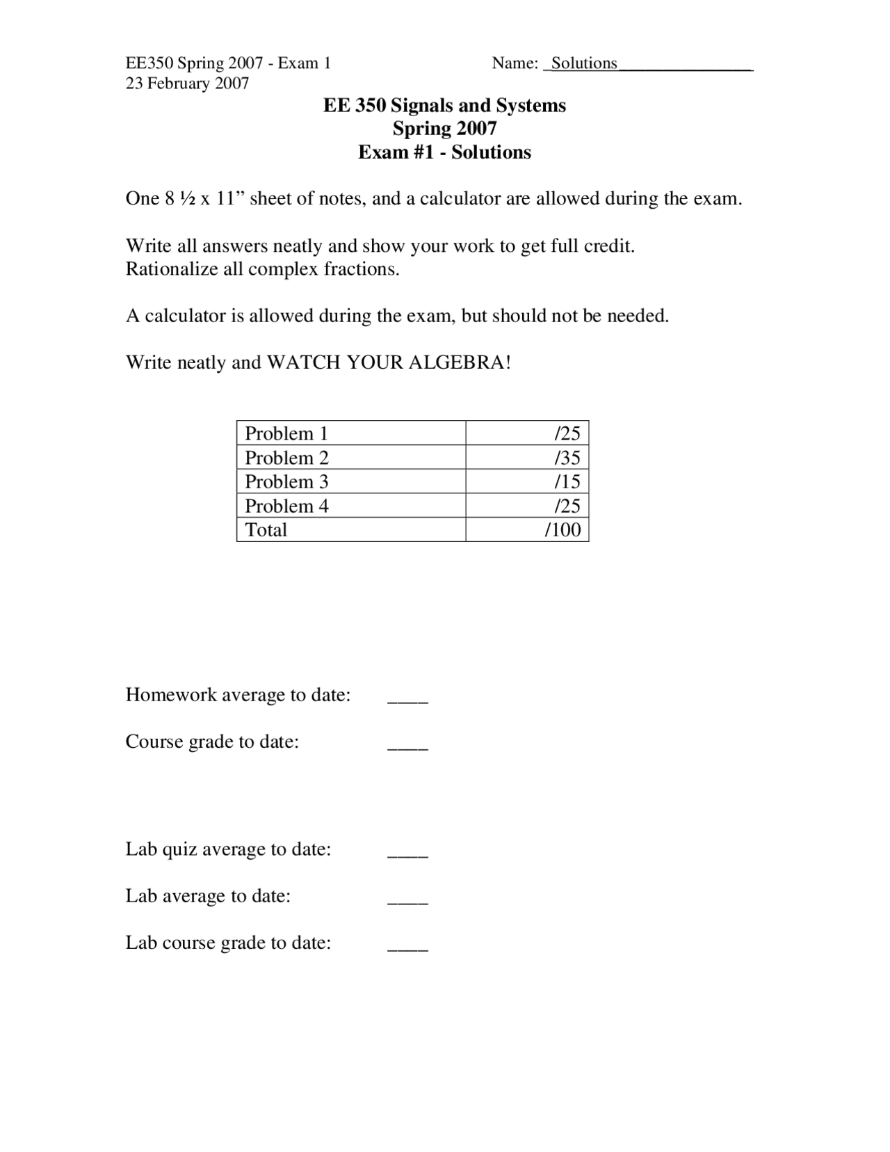 Exam 1 Practice Problems on Signals and Systems - Spring 2007 | ECE 350 ...